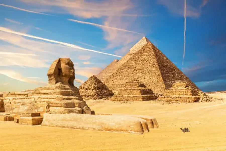 Tourists visiting the Great Pyramids of Giza in Cairo Egypt